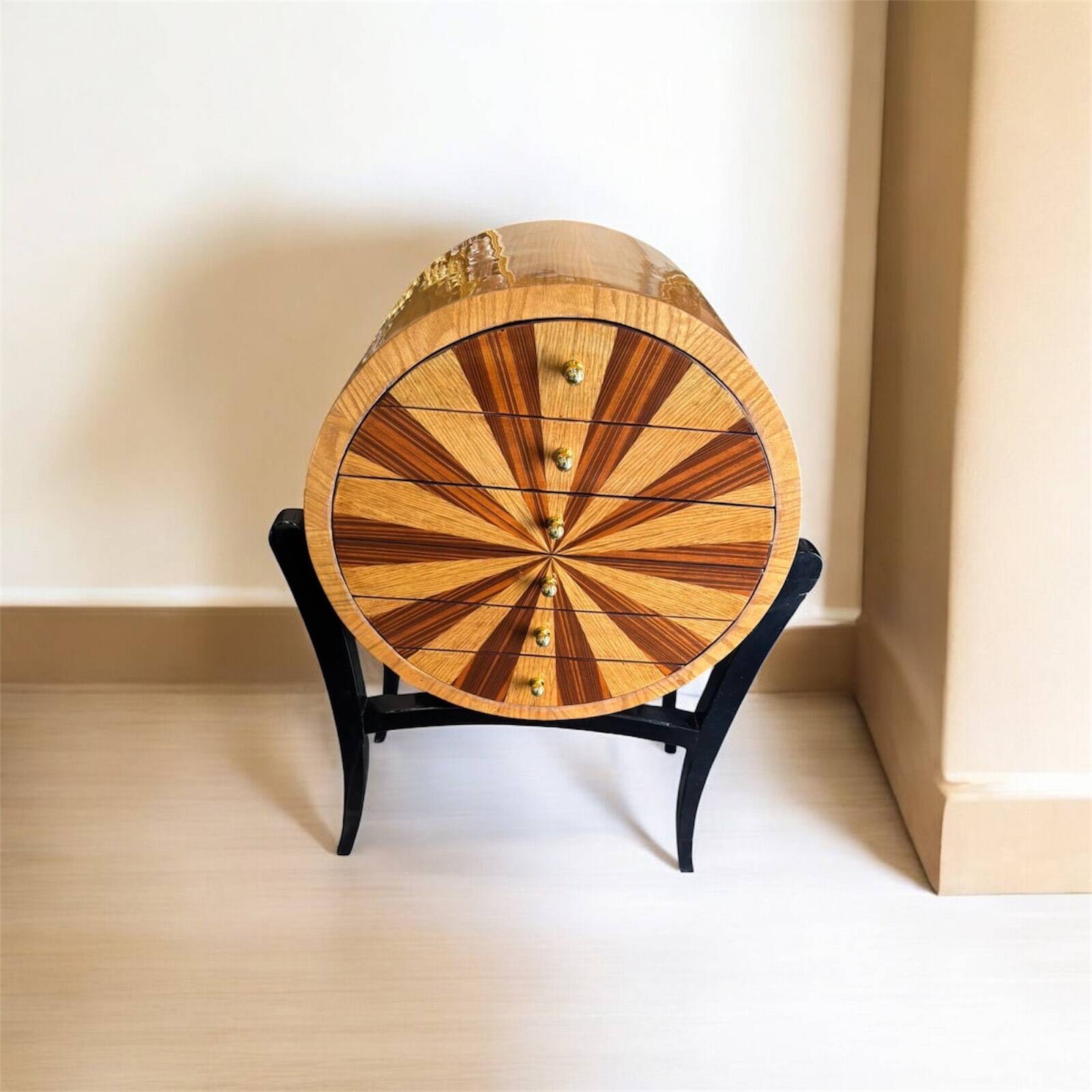 Commode artisanale de style Art déco en palissandre et loupe d’orme