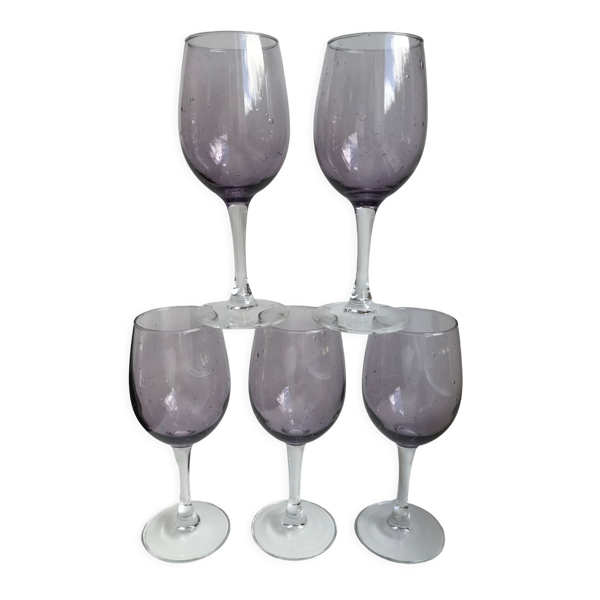 Lot de 5 verres à vin en verre bullé violet années 70
