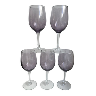 set of 5 wine glasses in purple bubble glass 70s