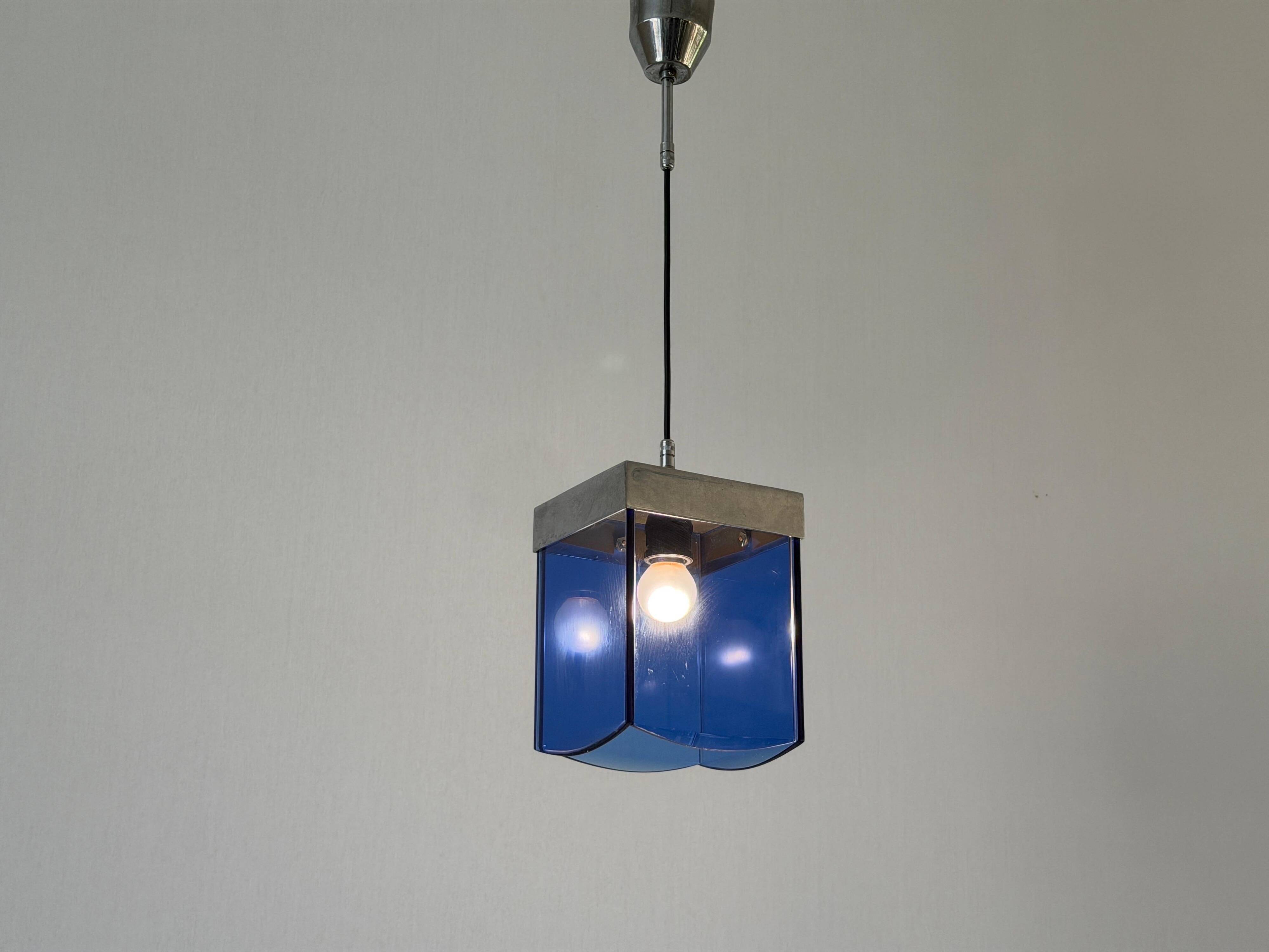 Art Deco ceiling light in blue glass and chrome, 1950s, Italy