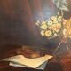 Old painting still life feather violin book lamp flowers