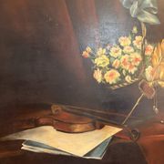 Ancien tableau peinture Nature Morte Plume violon Livre Lampe Fleurs