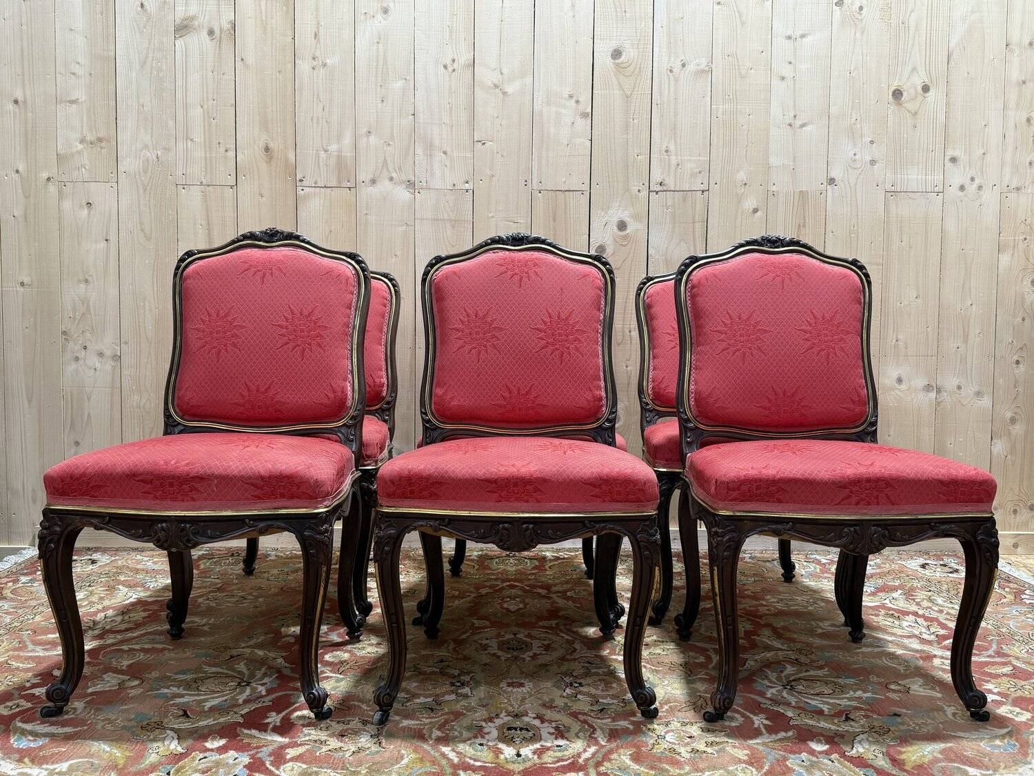 Set of 6 Louis XV style chairs in walnut and brass.