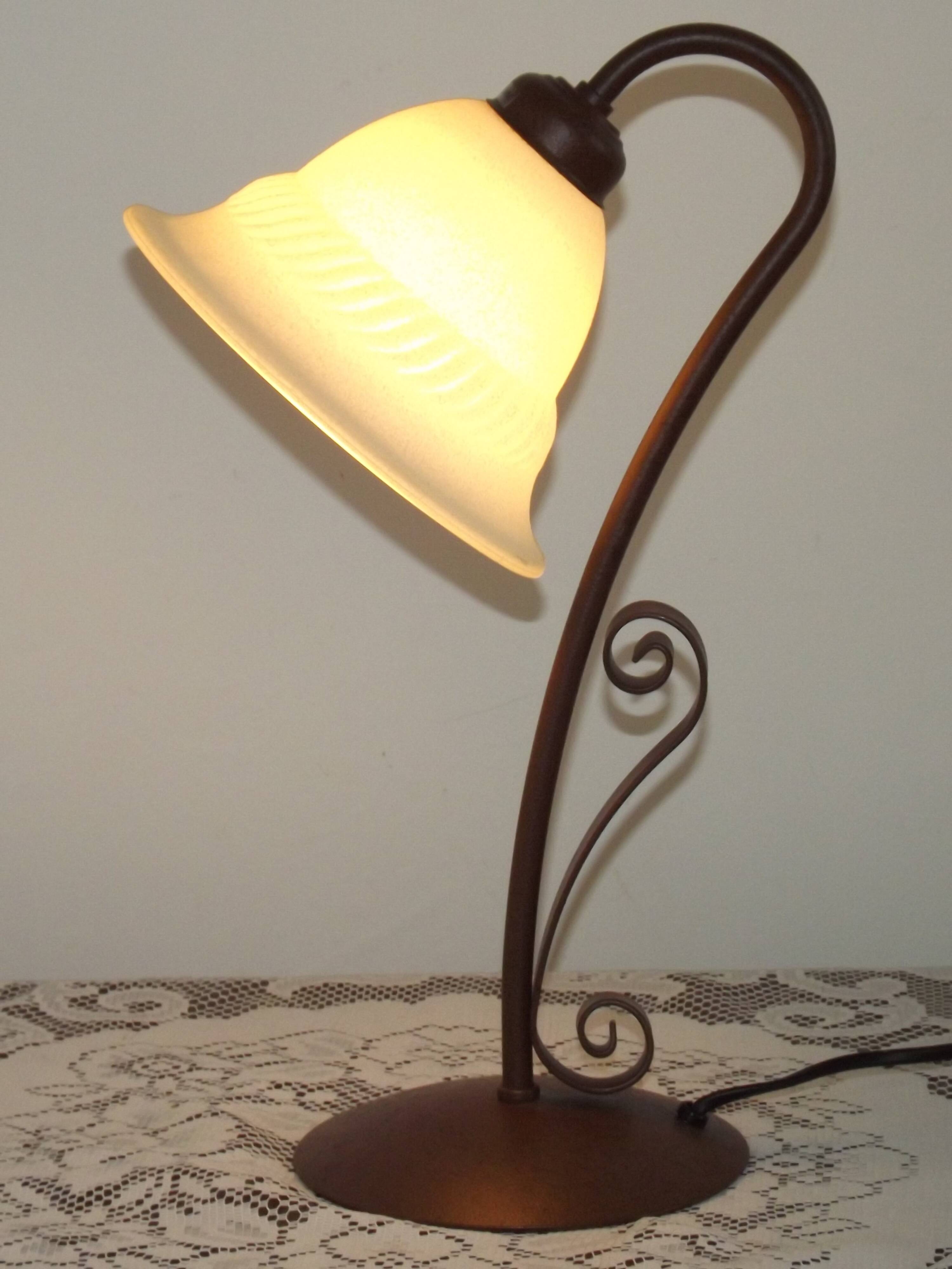 Vintage French Brown Metal Goose Neck Lamp With Textured Glass Shade