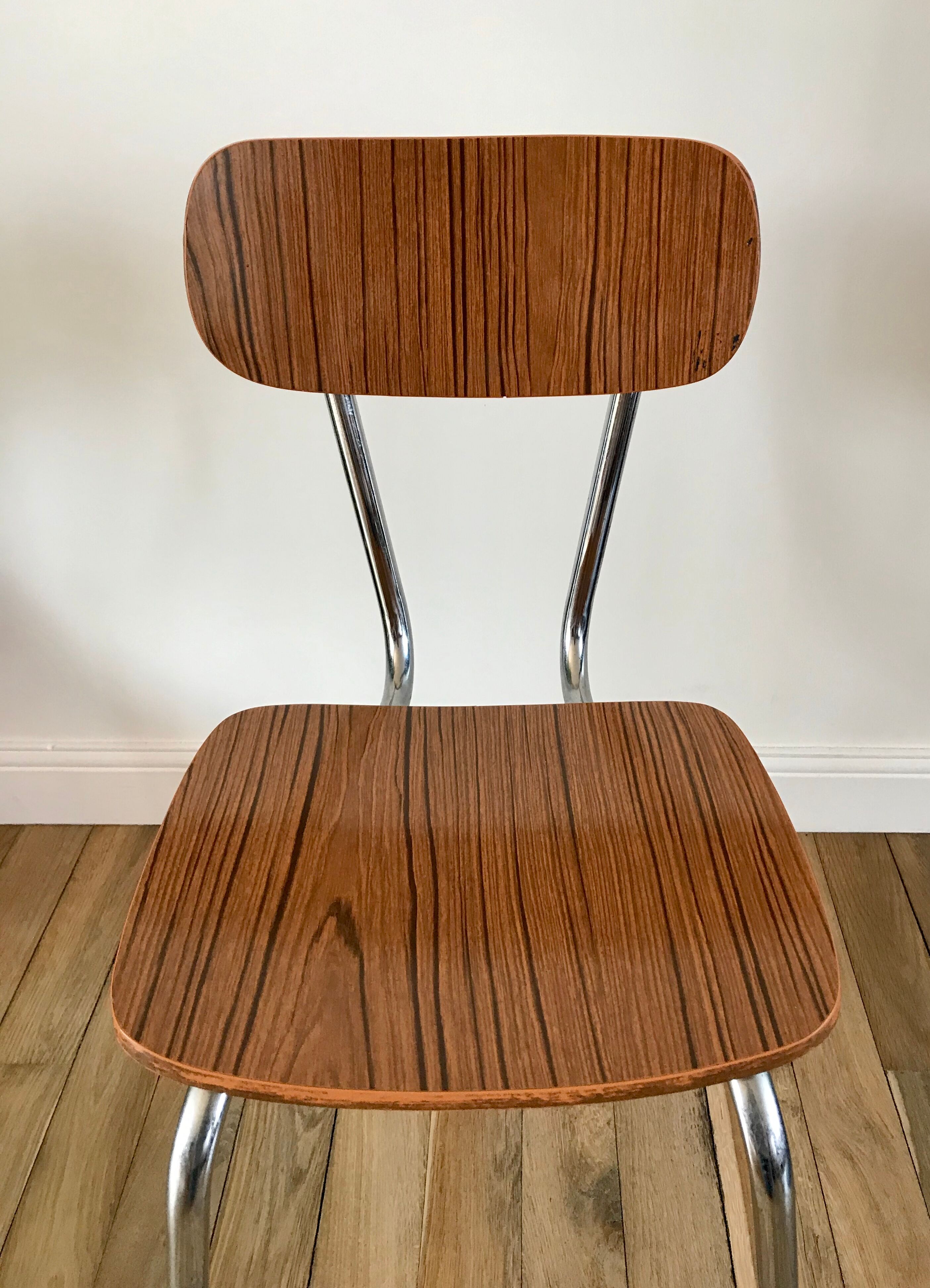 Light brown formica chair and brown tower 70s