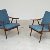 Pair of blue boomerang armchairs by Antonin Suman for Ton (Thonet) 1960