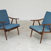 Pair of blue boomerang armchairs by Antonin Suman for Ton (Thonet) 1960