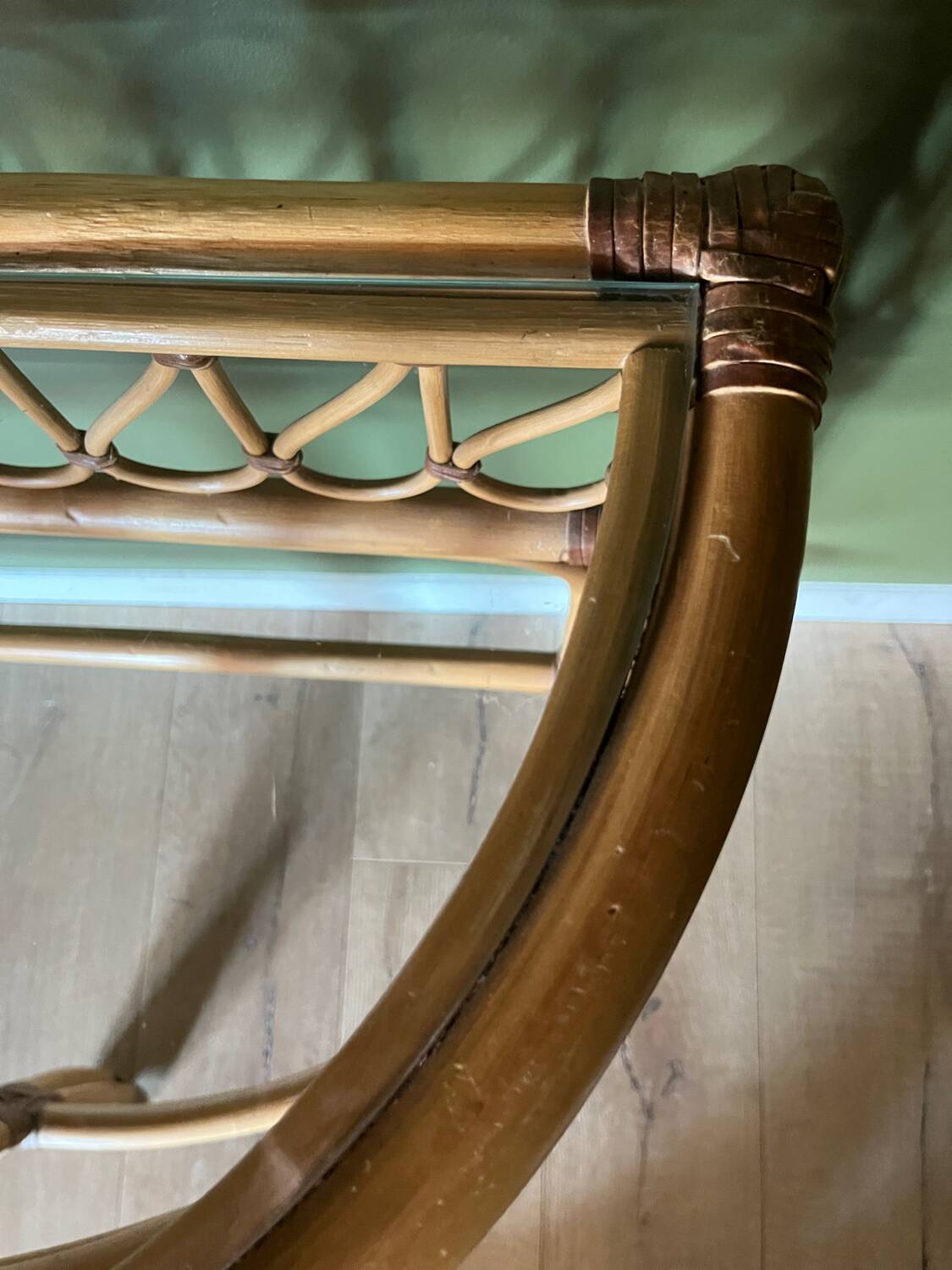 Vintage bamboo rattan half-moon console
