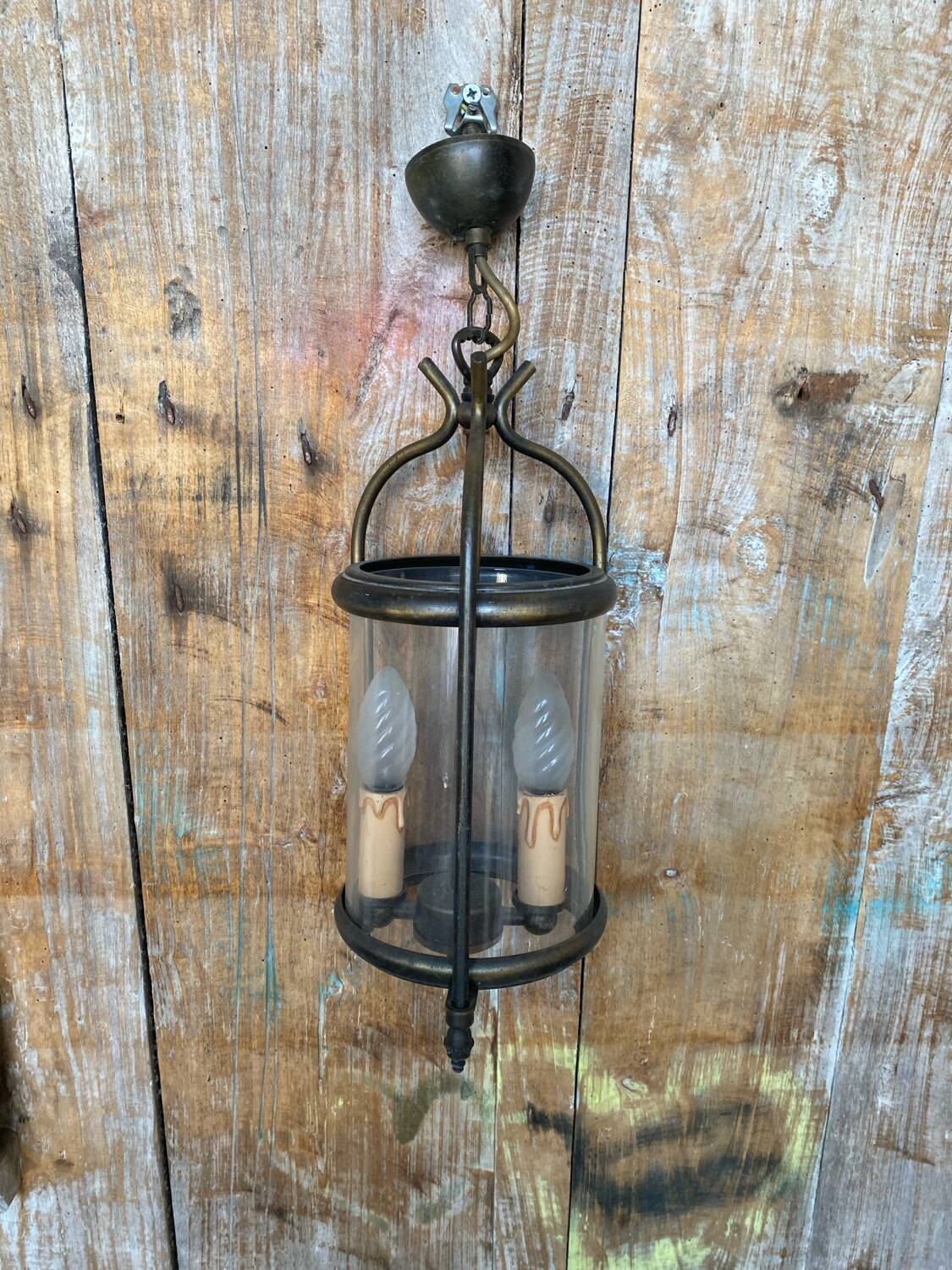 Antique brass lantern pendant light 2 lights + vintage glass cylinder