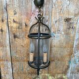 Ancienne suspension lanterne laiton 2 lumières + cylindre verre vintage