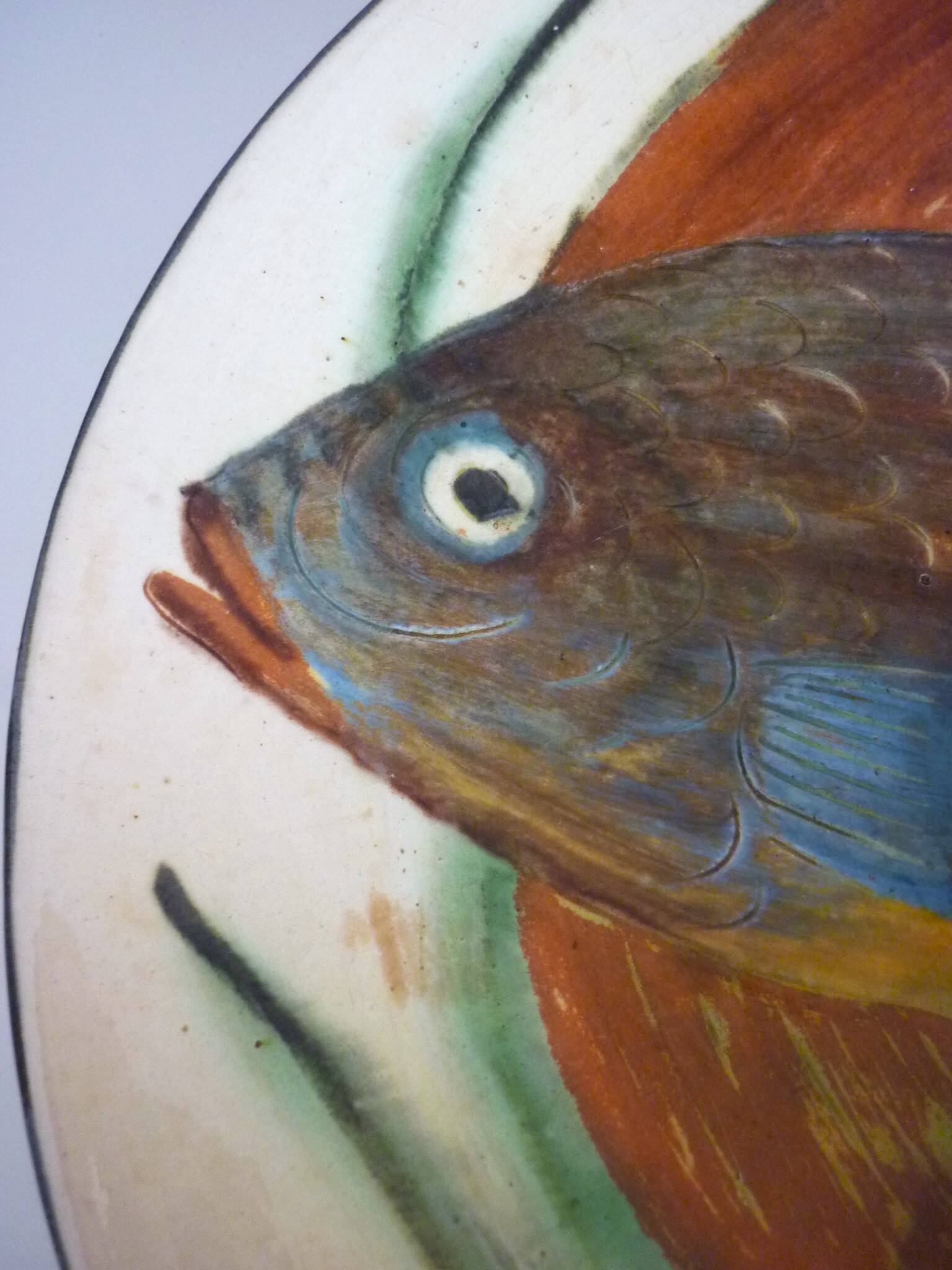Ceramic dish, enameled terracotta, signed Puigdemont, 1960s, fish