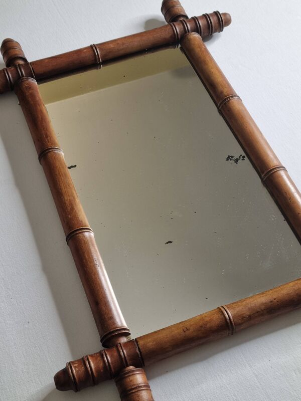Miroir ancien de style bambou en bois tourné – fin XIXe siècle, 62 x 42 cm