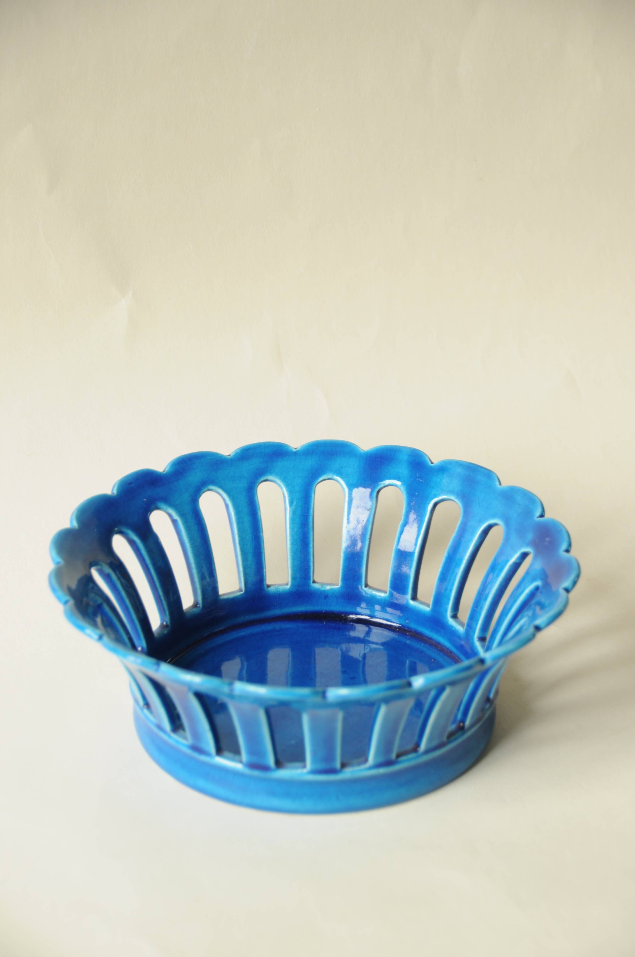 Blue openwork ceramic fruit bowl DLG from Bourg-Joly Malicorne