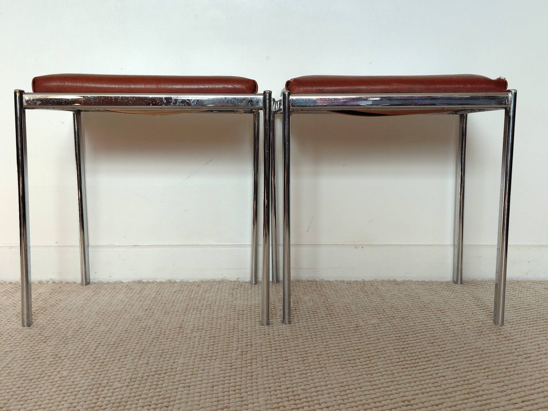 Pair of vintage stackable stools in faux leather and chrome - 70s