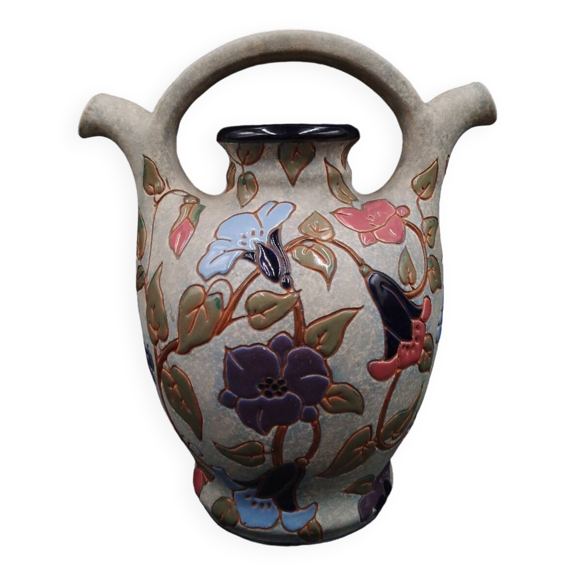 Art Deco Enameled Flower Ewer Vase Signed Amphora Czech Republic