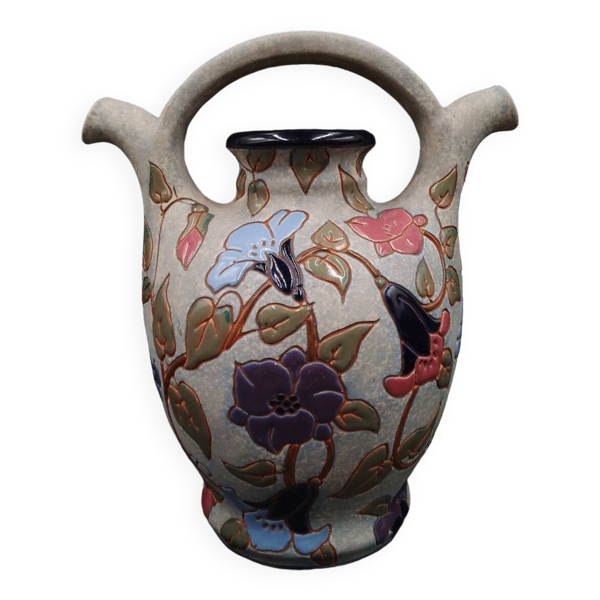 Vase Aiguière Art Déco fleurs émaillé signé Amphora République tchèque