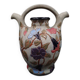 Art Deco Enameled Flower Ewer Vase Signed Amphora Czech Republic