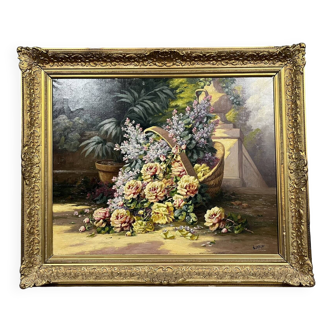 Louis LARTIGAU - French School from the end of the 19th century: basket of flowers placed in a park