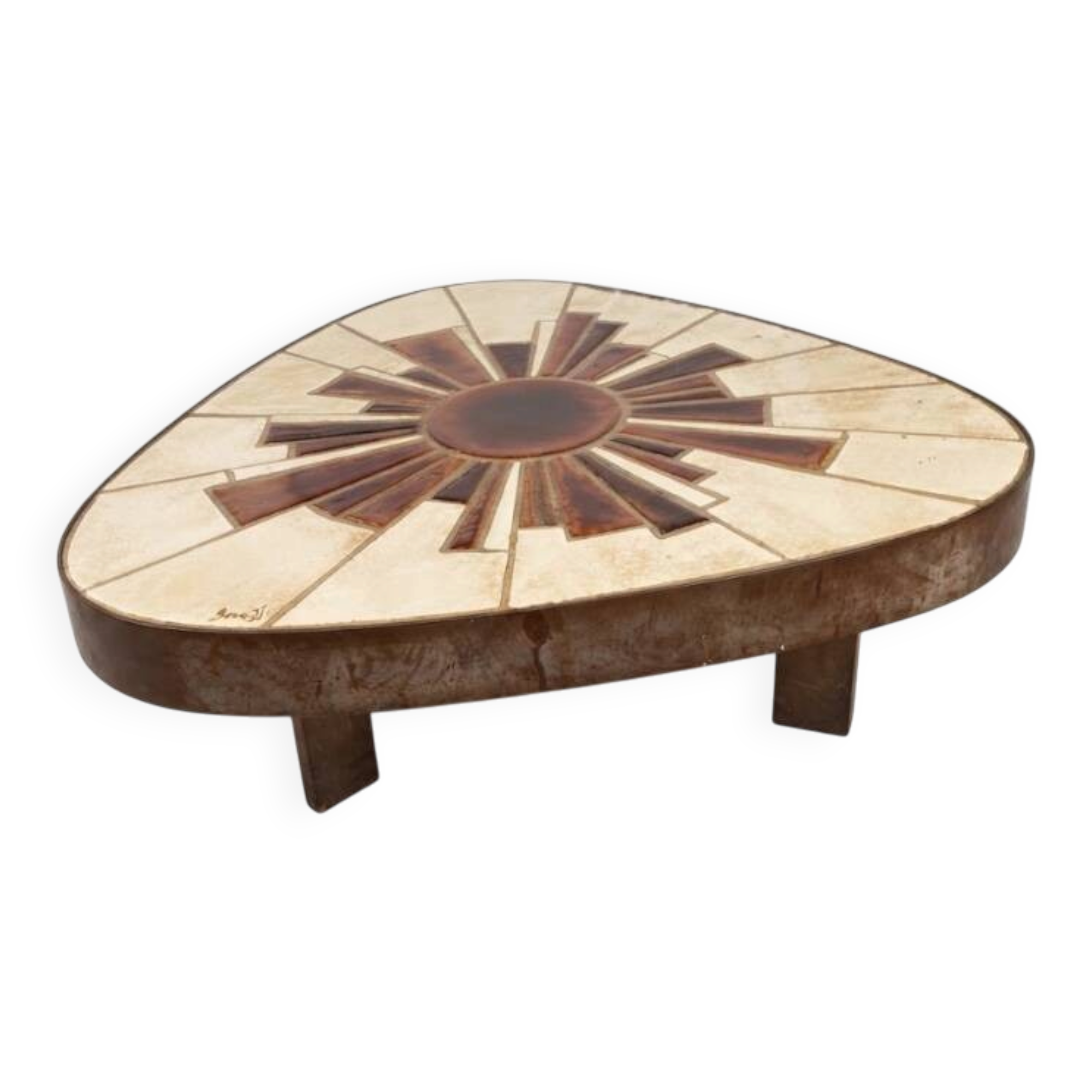 Vintage coffee table in ceramic and metal, signed Barrois.