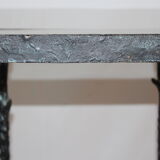 Giacometti style cast iron table, glass table
