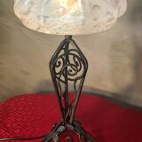 1930 wrought iron lamp, opaline lampshade, Clichy, very beautiful, 39x20