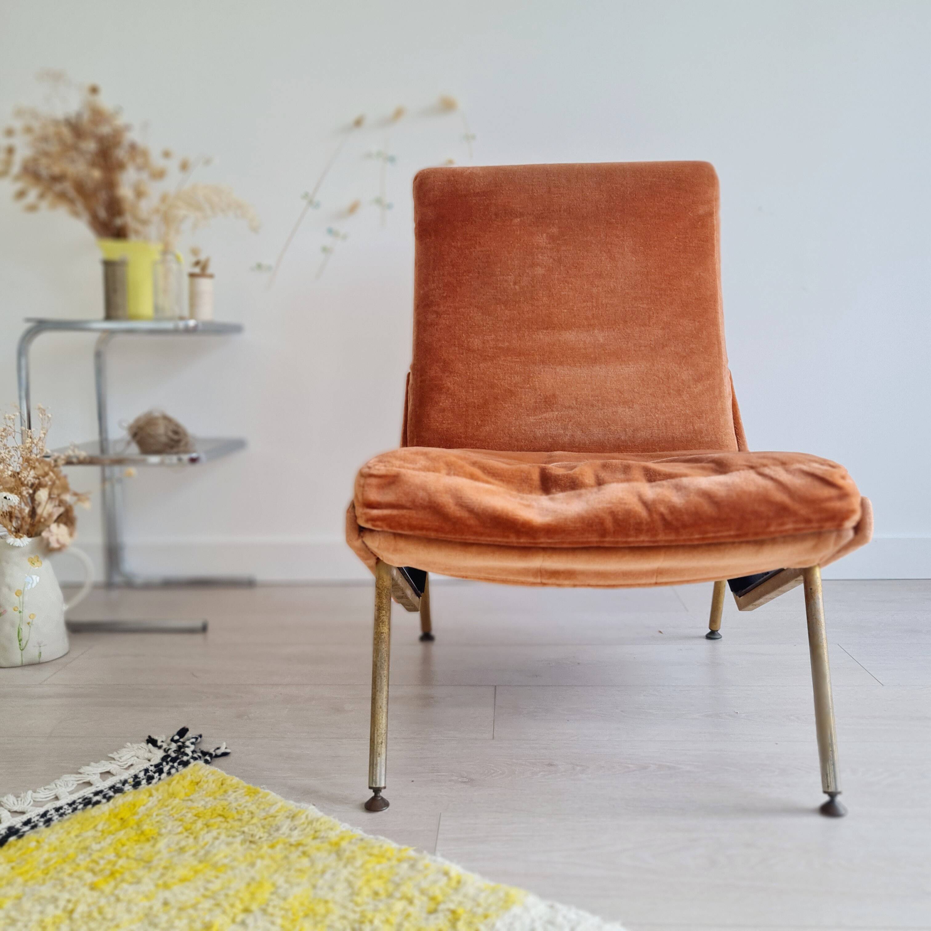Antique Scandinavian velvet armchair with compass feet