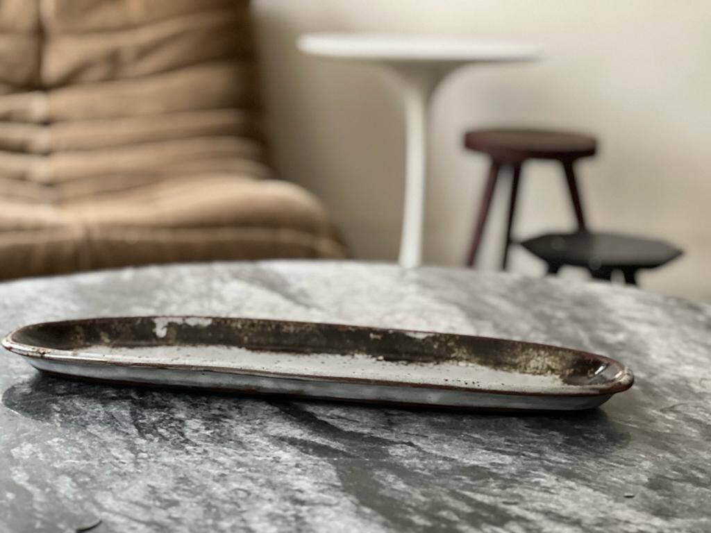 large fish serving dish in enamelled and signed stoneware ceramic, 1960