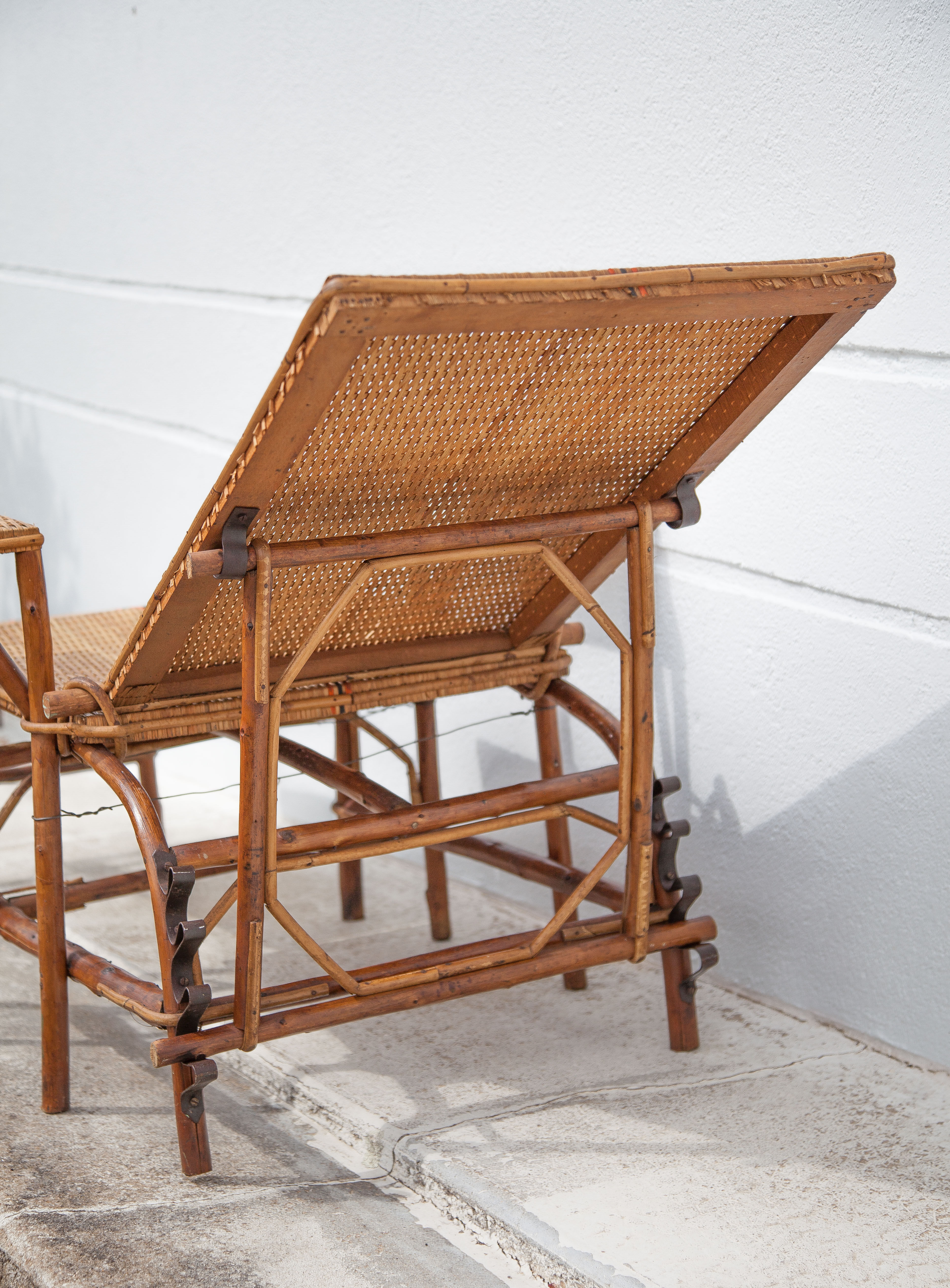 Antique rattan chaise longue, Chilean, rattan deckchair, folding backrest, removable footrest