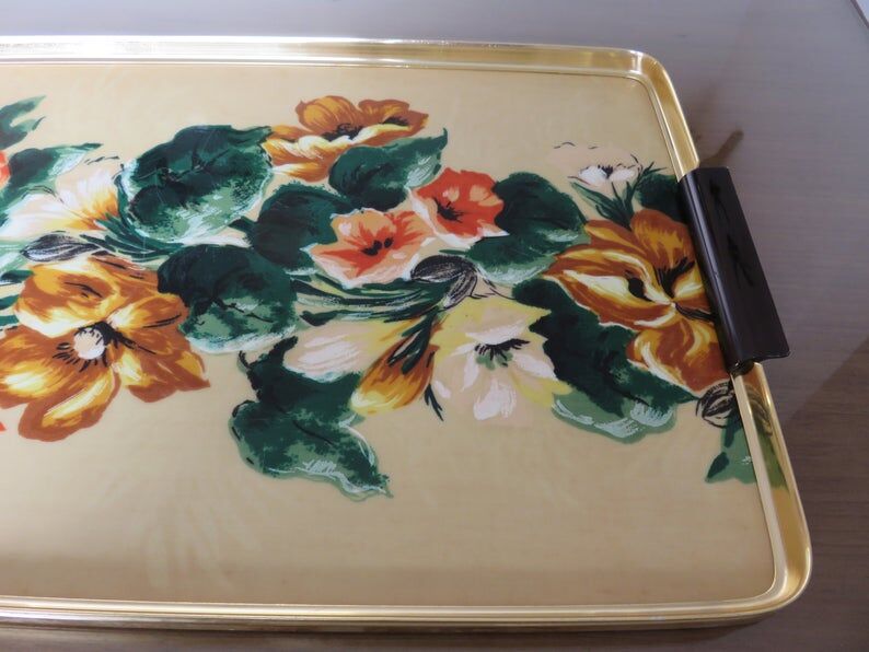 Floral formica and gold metal tray 50 60s