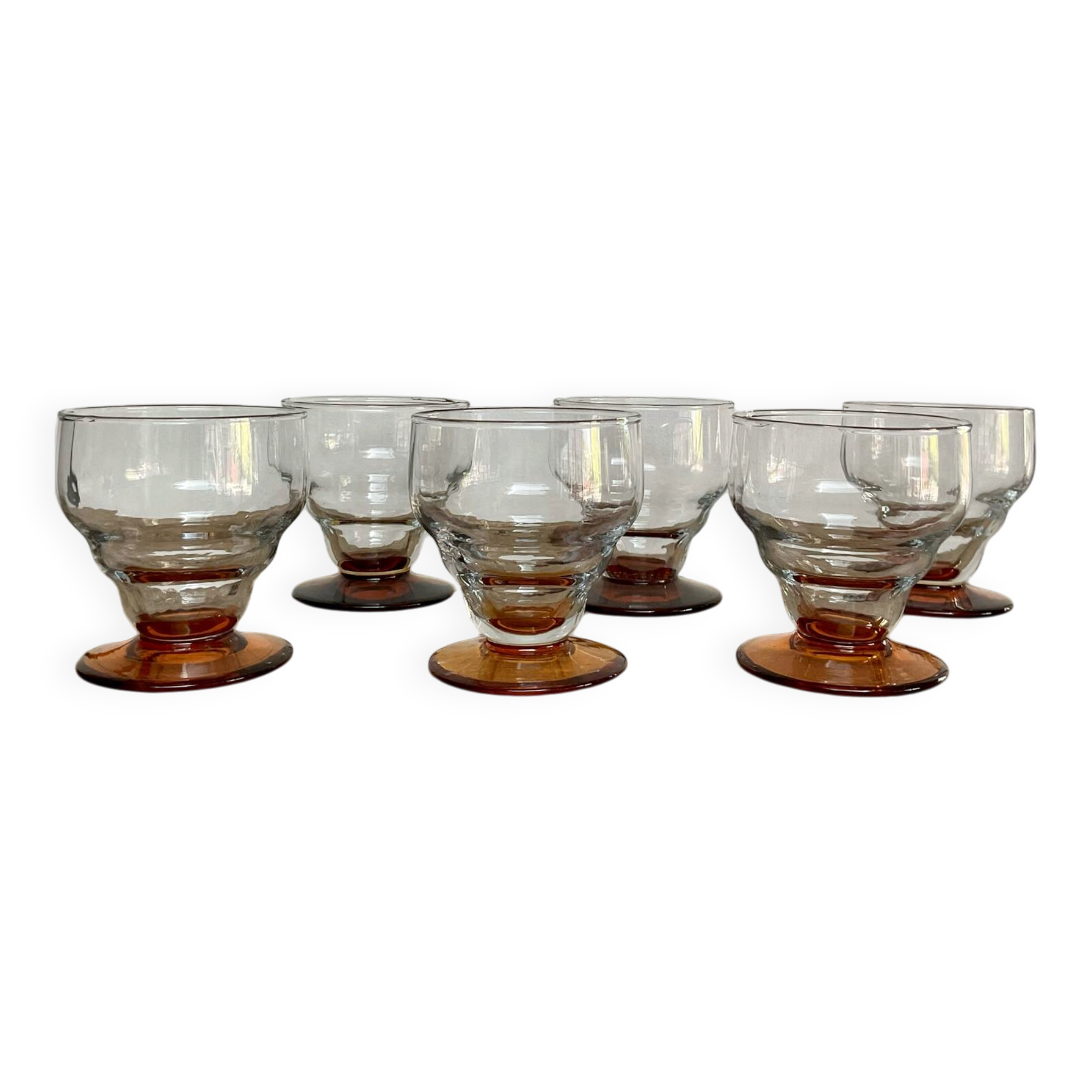 6 vintage glasses with amber feet