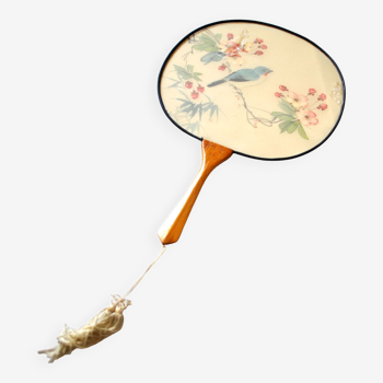 Eventail écran à main en soie et bambou - décor oiseau fleur cerisier sakura peint Chine Japon 1900