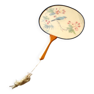 Eventail écran à main en soie et bambou - décor oiseau fleur cerisier sakura peint Chine Japon 1900