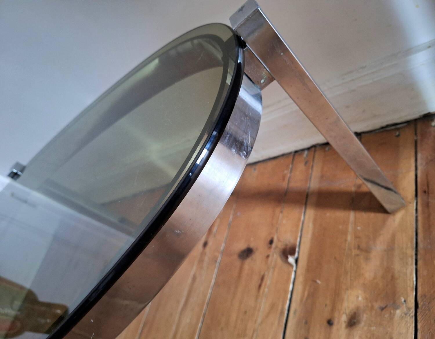 Vintage oval chrome and smoked glass coffee table, antique furniture