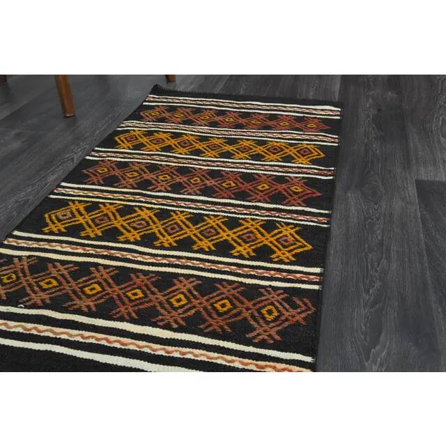 1970s Turkish Oushak Handmade Wool Cotton Black Runner Rug 63x246