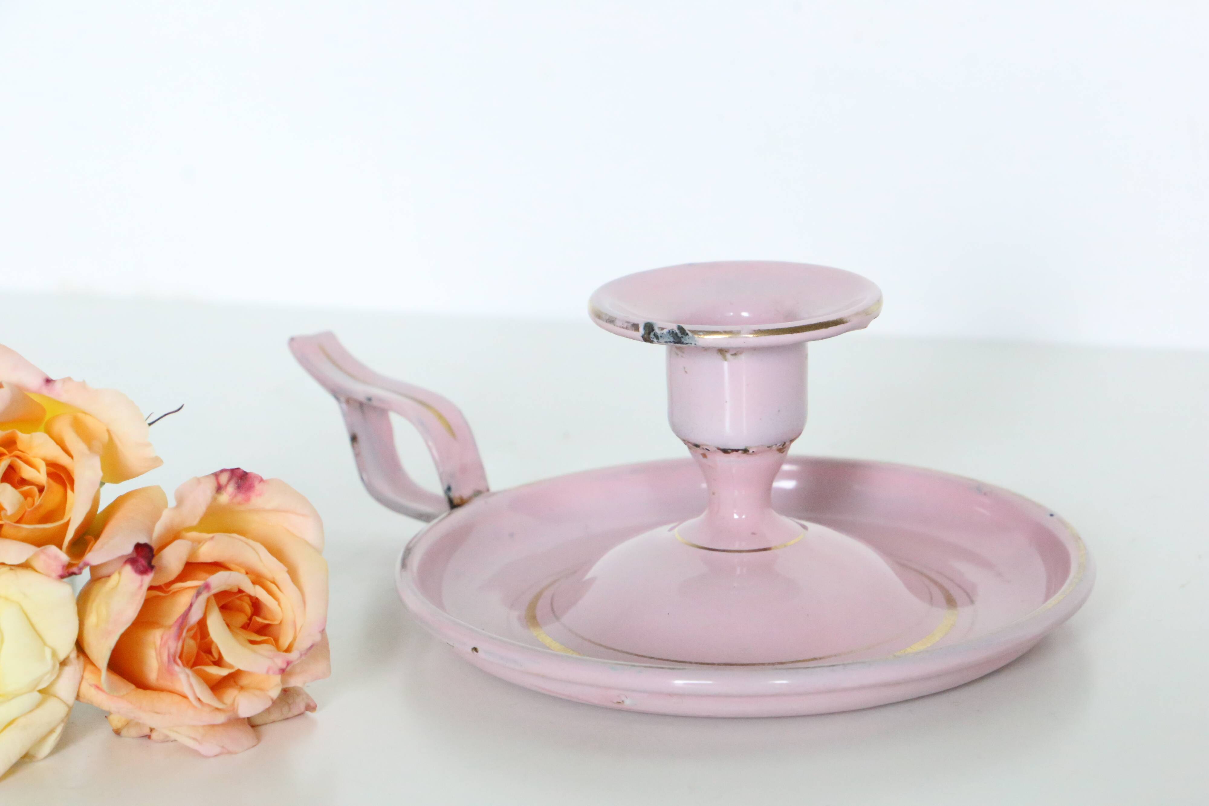 Pink cellar rat candleholder, enamelled metal, vintage