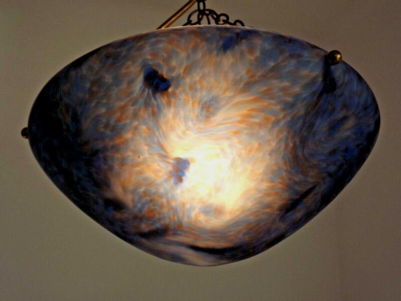 French Vintage Single Light Blue Art Glass Ceiling Light 3 Chains & Fitting