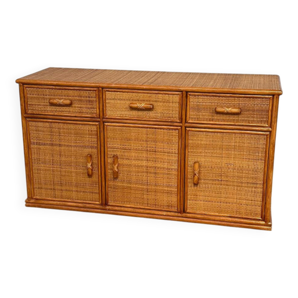 Buffet / crédence vintage en rotin et bambou, années 1970