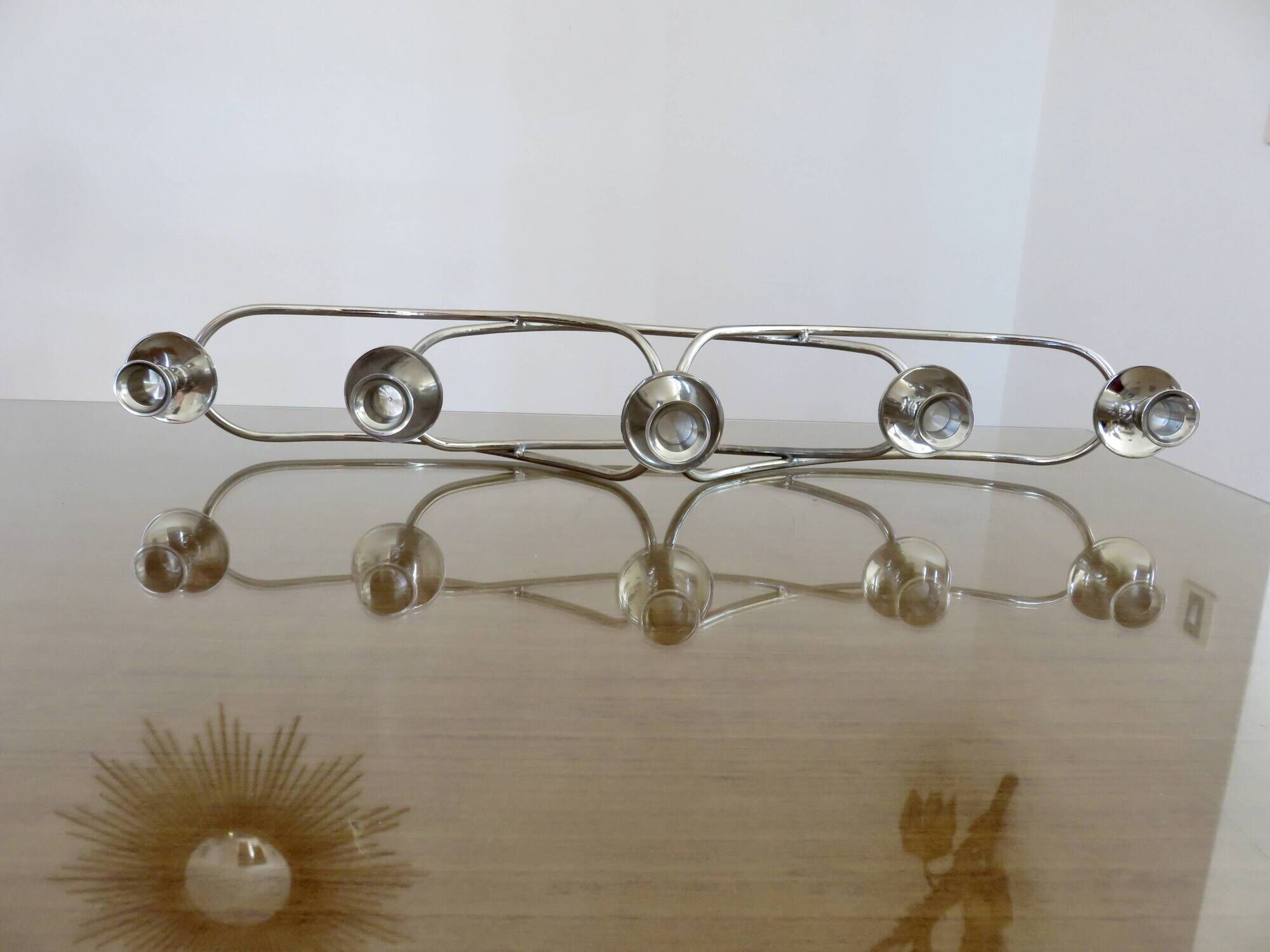 XXL silver metal candle holder 5 lights 70s