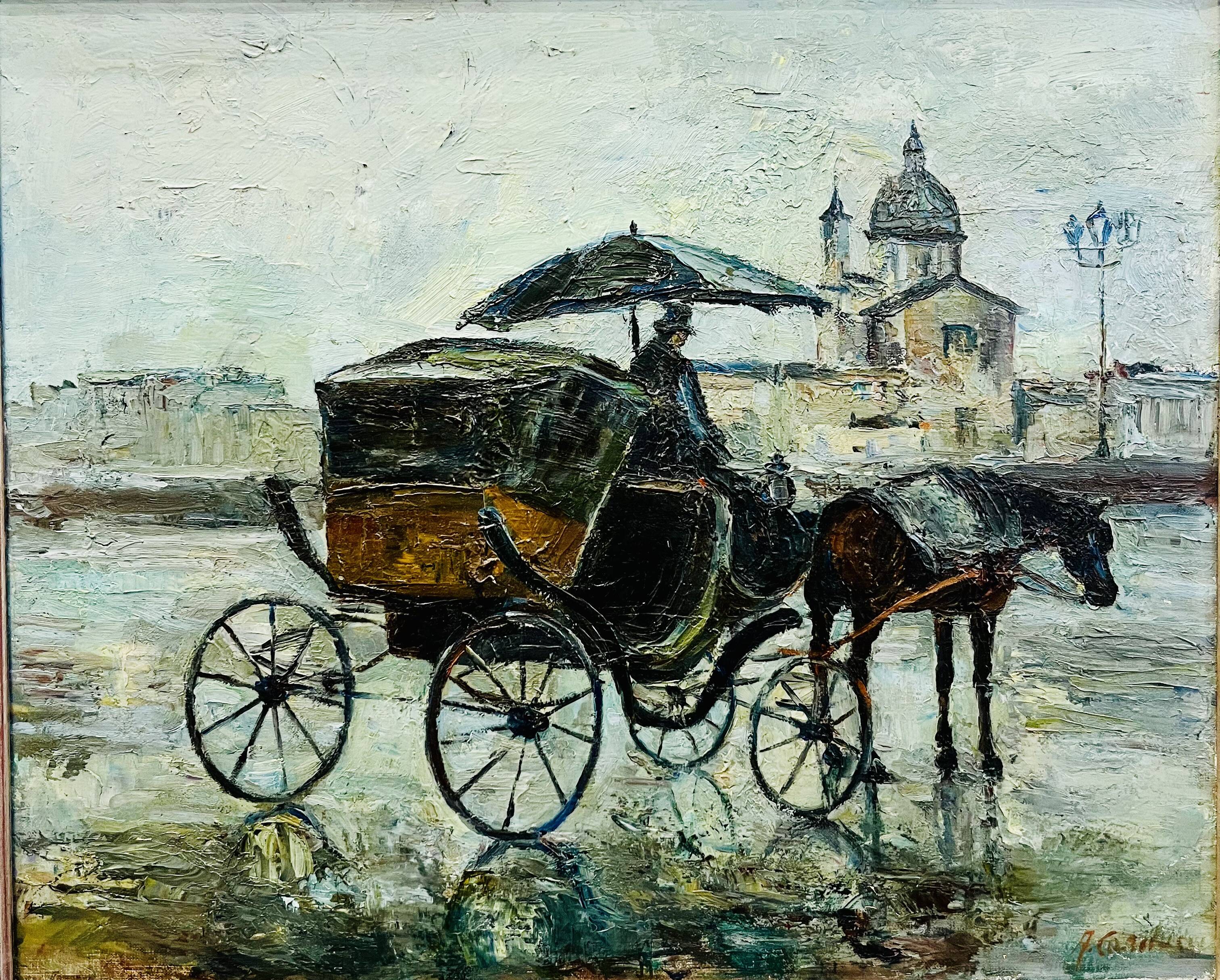 Oil on canvas, horse-drawn carriage in the rain