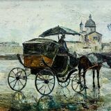 Oil on canvas, horse-drawn carriage in the rain