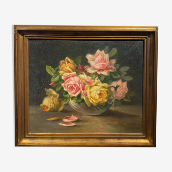 Old painting, bouquet of roses late XIX early XX century