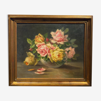 Tableau ancien , bouquet de roses fin XIX début XX siècle