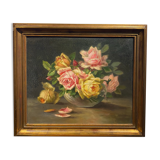 Tableau ancien , bouquet de roses fin XIX début XX siècle