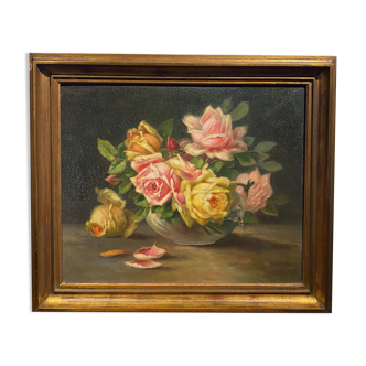 Tableau ancien , bouquet de roses fin XIX début XX siècle