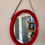 Mid-Century Scandinavian Red Round Wooden Mirror with Leather Strap, 1950s