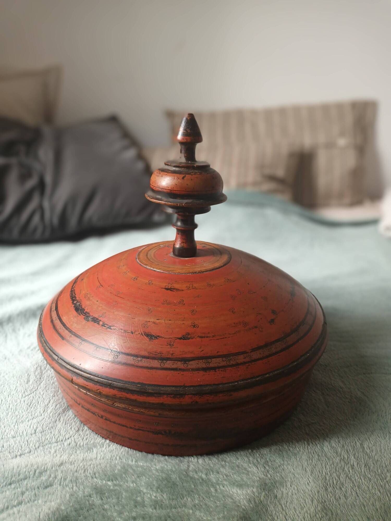 Large antique lacquered wooden Chapati box, ethnic offering box 35cm
