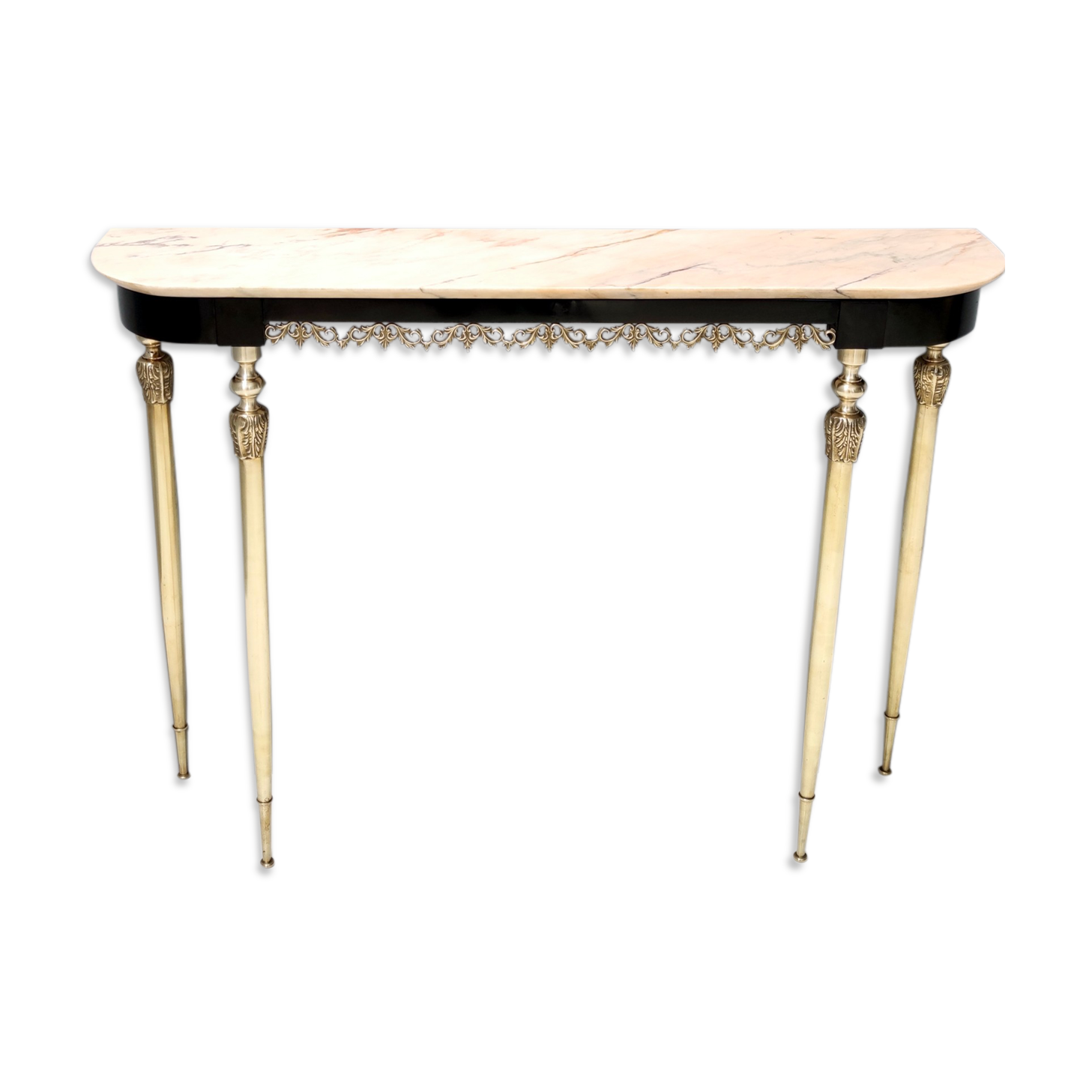 Midcentury ebonized beech console table with a portuguese pink marble top, italy