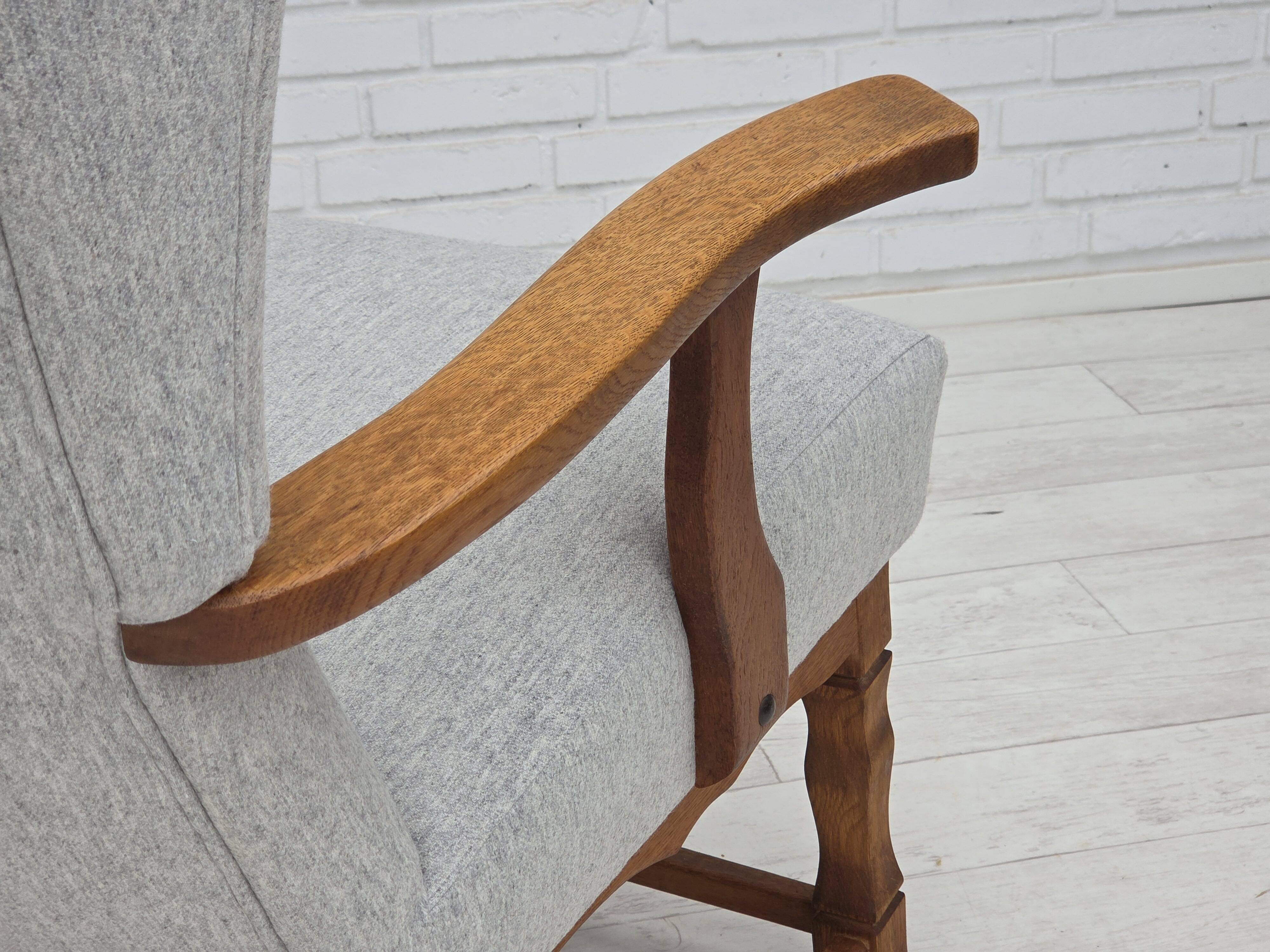 1950s, Danish high-backed armchair, reupholstered, wool, oak wood.