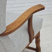 1950s, Danish high-backed armchair, reupholstered, wool, oak wood.