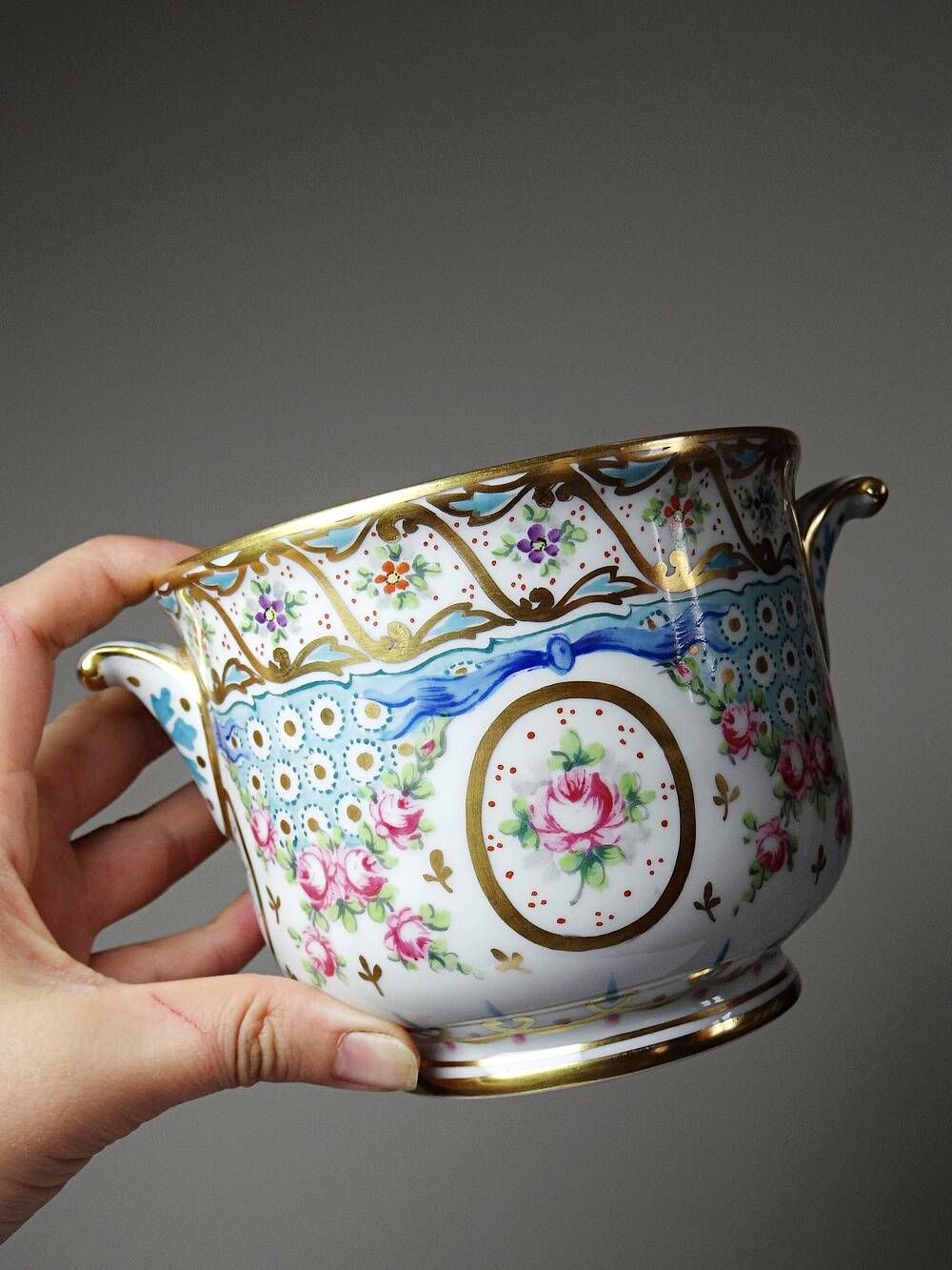 Old Limoges porcelain bowl/pot, hand-painted, M. Carpezat, 1900-1930